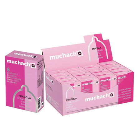 Preservativi Muchacho aromatizzati alla fragola colore rosa diametro comodo 54 mm x 4 astucci da 6 pz