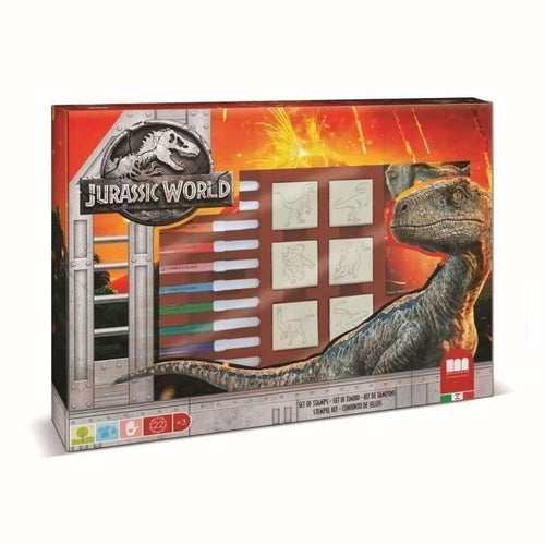 Scatola per timbri - MULTIPRINT - 4975 - Jurassic World - 7 timbri in legno e lattice, 12 pennarelli Giotto, righello, album da colorare