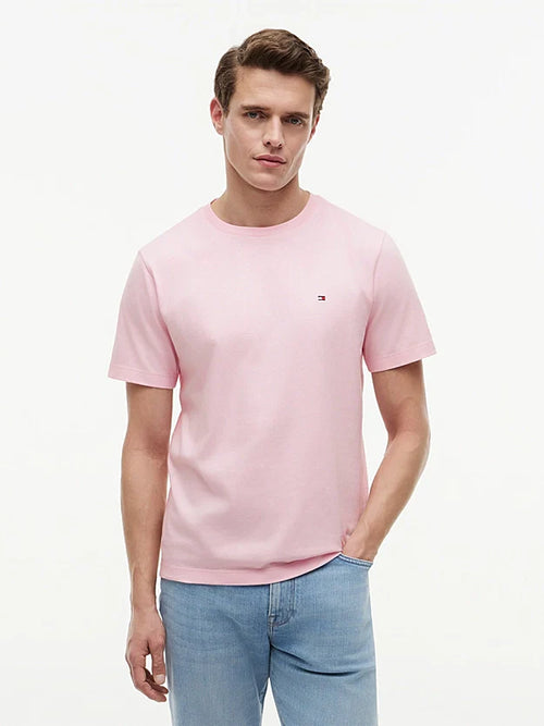 Tommy Hilfiger T-shirt uomo in cotone rosa con bandierina ricamata regular fit