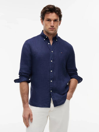 Camicia uomo Tommy Hilfiger in lino regular fit blu MW0MW41530