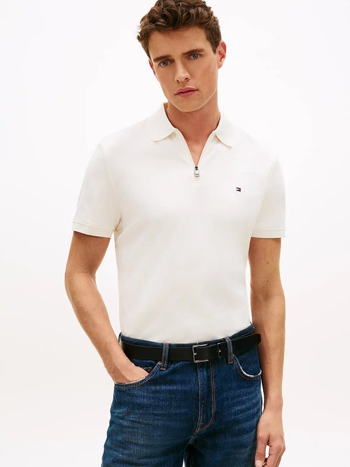 Tommy Hilfiger polo uomo in cotone interlock con zip bianca regular fit