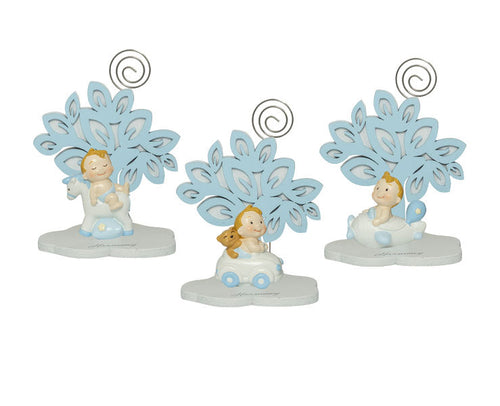 Bomboniera in resina Albero Celeste con Bimbo 3D e automezzi assortiti, con clip porta memo e confezione elegante