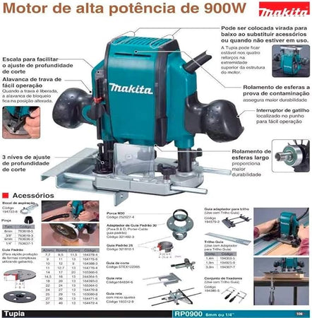 Makita rp0900 - fresadora de superficie 900w 27000 rpm pinza 8 mm 2.7 kg 0088381099196