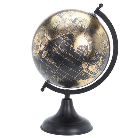 Mappamondo decorativo Nero e Oro girevole con base in metallo h 36 cm