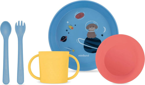 MINILAND Learning tableware Dream - set pappa educativo - bicchiere con manici, piatto piano, ciotola piatto fondo, posate - esploratore