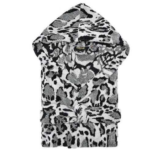 Accappatoio Linx Roberto Cavalli XXL in spugna di cotone marrone, fantasia animalier, con cappuccio, cintura e tasche, elegante e Made in Italy.