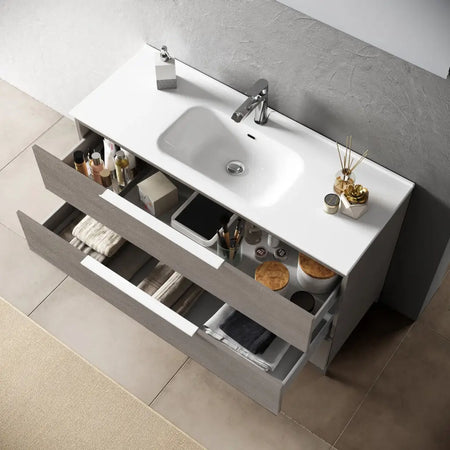 Mobile Bagno 120cm Sospeso Con Quattro Cassetti Lavabo Doppia Vasca Specchio E Doppia Lampada - Mobile Bagno TFT