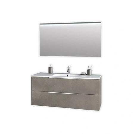 Mobile Bagno 120cm Sospeso Con Quattro Cassetti Lavabo Doppia Vasca Specchio E Doppia Lampada - Avana Pietra - Mobile