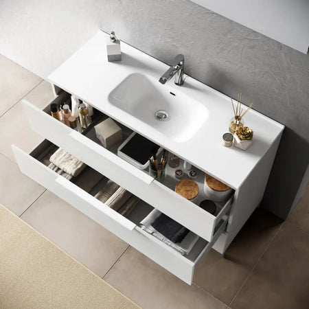 Mobile Bagno 120cm Sospeso Con Quattro Cassetti Lavabo Doppia Vasca Specchio E Doppia Lampada - Mobile Bagno TFT