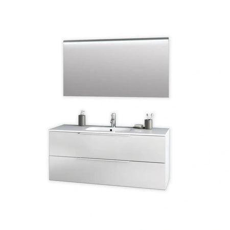 Mobile Bagno 120cm Sospeso Con Quattro Cassetti Lavabo Doppia Vasca Specchio E Doppia Lampada - Bianco Opaco - Mobile