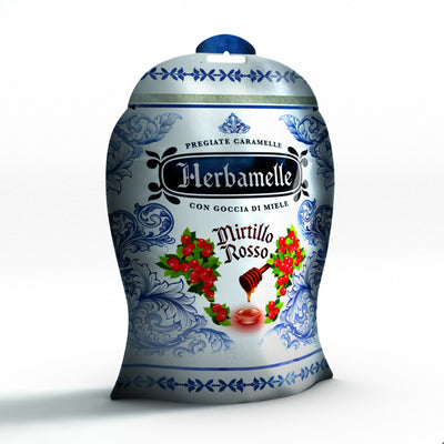Caramelle Herbamelle pregiate. Caramelle Mirtillo Rosso con goccia di miele per il benessere delle vie respiratorie. confezione di 75g con 18 o 19 caramelle dentro