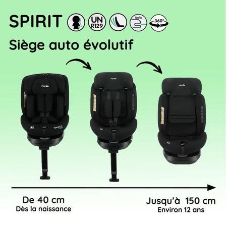 Seggiolino auto Isofix NANIA SPIRIT 40-150 cm R129 - da 0 a 10 anni - Fronte strada 40-105 cm - Poggiatesta regolabile - Reclinabile - Girevole - Nero