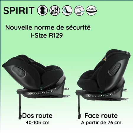 Seggiolino auto Isofix NANIA SPIRIT 40-150 cm R129 - da 0 a 10 anni - Fronte strada 40-105 cm - Poggiatesta regolabile - Reclinabile - Girevole - Nero