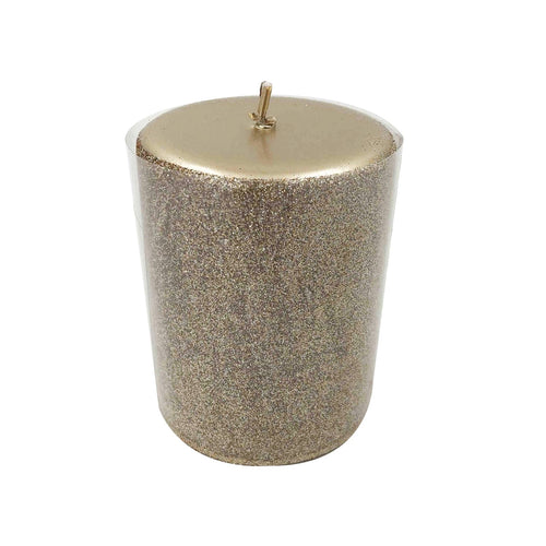 Candela cilindrica decorata con glitter Oro e perline bianche in paraffina decorazione ambienti