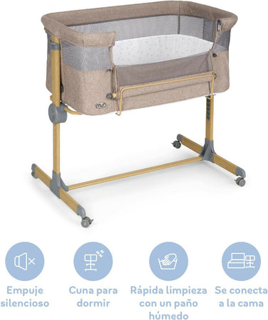 MS Sleepy - Culla Neonato Fianco Letto, Compatibile Con Diversi Letti, Altezza Regolabile, Inclinabile, Buona Circolazione Dell'Aria, Materasso E Borsa Inclusi, Zanzariera di serie inclusa, lacci inclusi, colore BEIGE con effetto legno