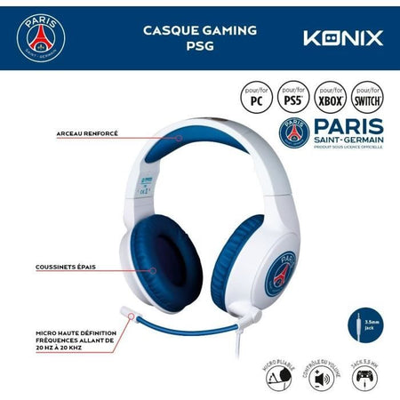 Cuffie da gioco cablate - KONIX - PC, PS4, PS5, Switch, Xbox - Microfono 45 - Cavo 1,5 m - Bianco e blu