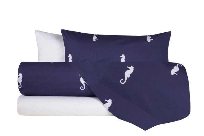 Completo letto lenzuola Cotone Federe Bifaccia cotone made in Italy CAVALLUCCIO MARINO / BIANCO