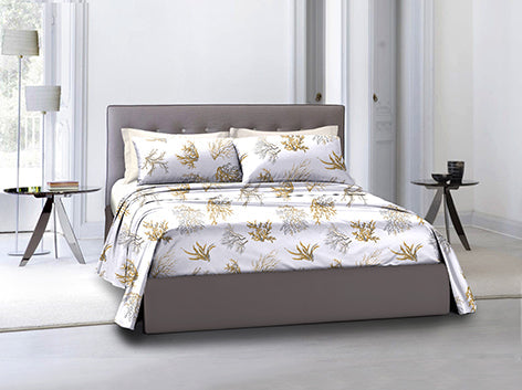 Completo letto lenzuola federe stampa digitale 100% cotone, made in italy  OCEANO OCRA/BIANCO