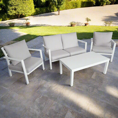 Salottino con cuscini ''Flores'' in alluminio verniciato da giardino e veranda