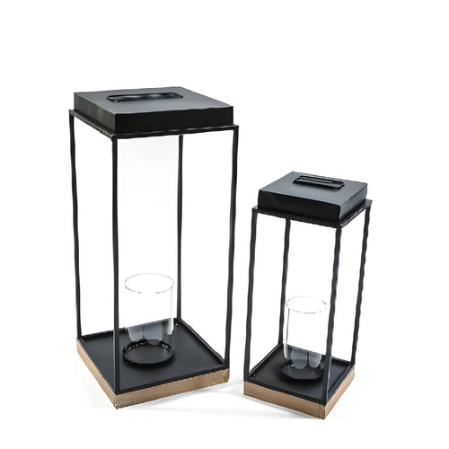 Lanterne decorative in legno e metallo, con bicchiere in vetro incluso, set da 2 pezzi