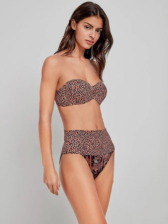 Bikini Gisela 2/30193B taglia M/3, top bandeau leopardato con ferretto in silicone e slip fantasia multiposizione, tessuto elastico.