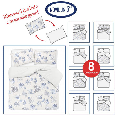 Set Copripiumino Federe Parure Copripiumino in Cotone Made in Italy Coralli 3 Pesci Mare Profondo / Bianco - Vanita di raso