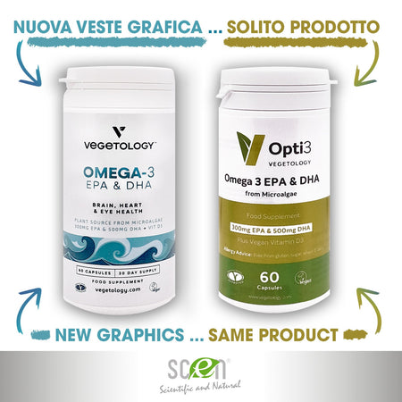 Opti3 Omega3 da alghe vegetali, vegan, senza retrogusto, 300mg EPA, 500mg DHA e 200 UI di Vitamina D3, 60 cps,