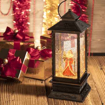 Lanterna natalizia Babbo Natale con bastone e alberello, brunita, led bianco caldo