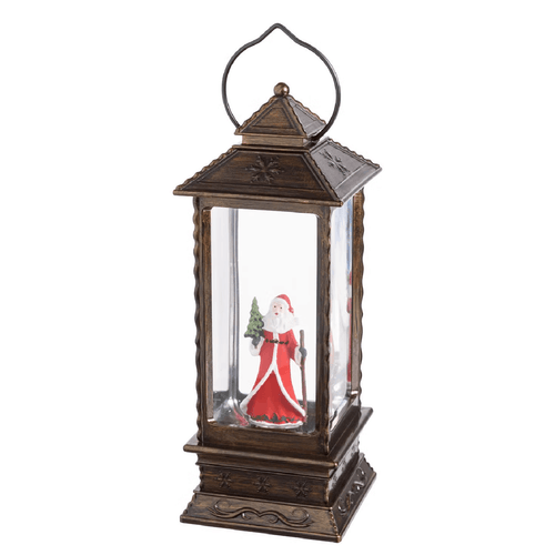 Lanterna natalizia Babbo Natale con bastone e alberello, brunita, led bianco caldo