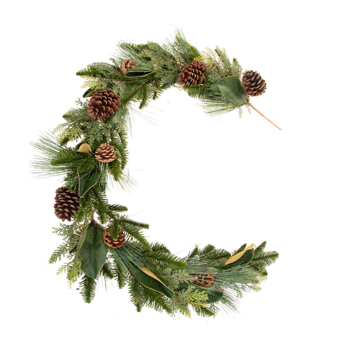 Ghirlanda a forma di luna verde di pigne per decorazioni natalizie