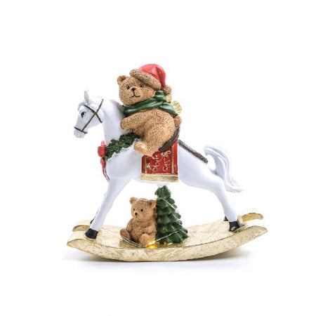 Orso su cavallo a dondolo in poliresina con luci a batteria design assortiti in scatola regalo