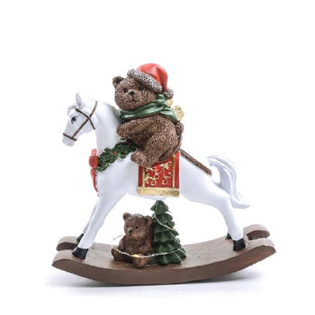 Orso su cavallo a dondolo in poliresina con luci a batteria design assortiti in scatola regalo