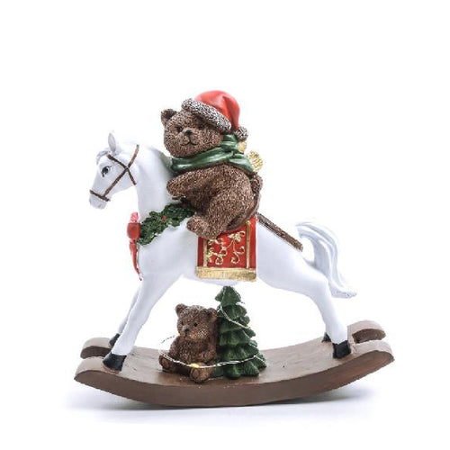 Orso su cavallo a dondolo in poliresina con luci a batteria design assortiti in scatola regalo