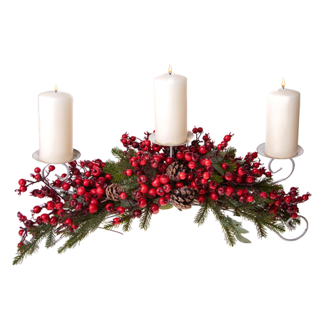 Porta candele x3  con bacche rosse per decorazioni natalizie