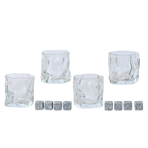 Bicchieri da Whisky e cocktail in vetro decorato e cubetti di ghiaccio, set da 12 pezzi