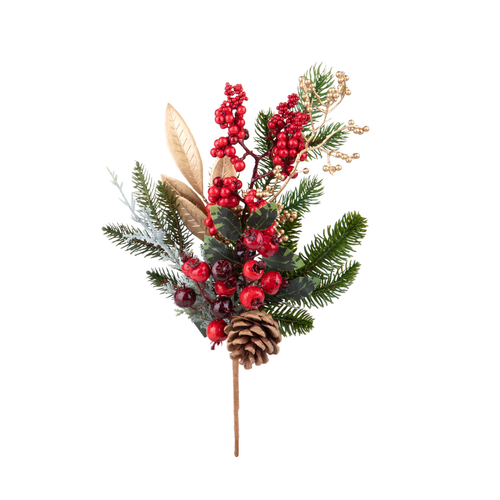 Ramo decorativo con pigne color rosso e oro per decorazioni natalizie