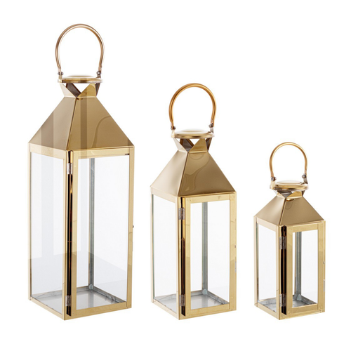 Set da 3 lanterne decorative flurry in acciaio inossidabile e vetro, color oro