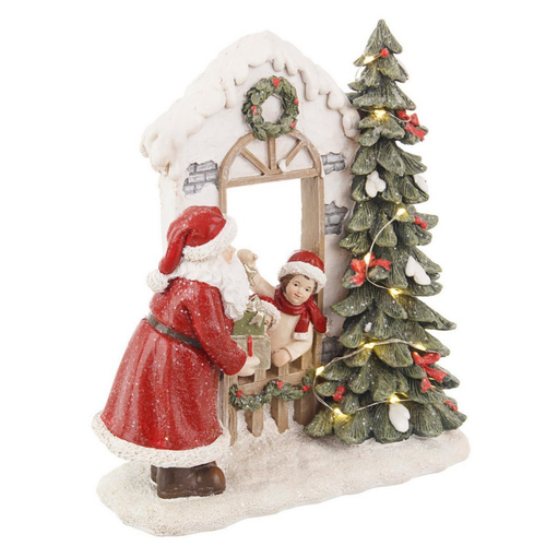 Casa Marien Babbo natale con bimbi  e led in poliresina per decorazioni natalizie