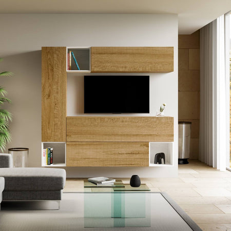 Parete attrezzata per soggiorno porta TV con ripiani per arredamento camere ed interni 214 cm