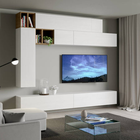 Parete attrezzata per soggiorno porta TV con ripiani per arredamento camere ed interni 208 cm