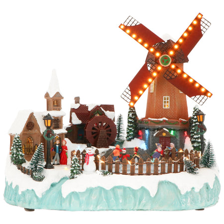 Scena animata per villaggio di Natale con mulino e personaggi decorazione da interno