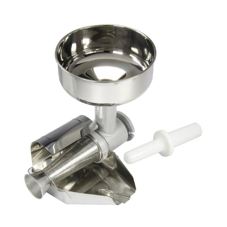 Accessorio spremipomodoro con imbuto e filtro in acciaio inox e pestello in plastica