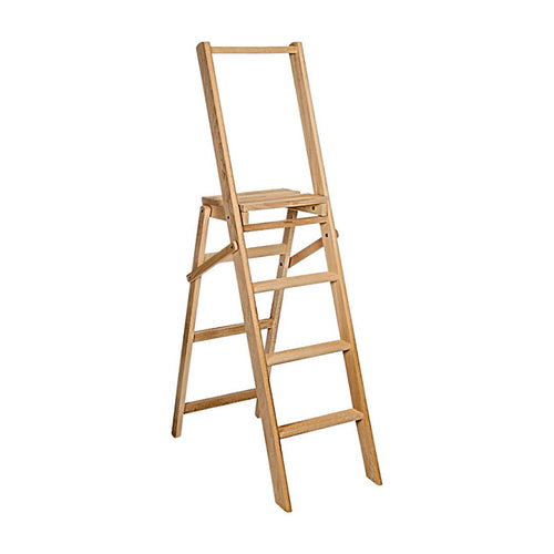 Sgabello Scaletta con barra di appoggio realizzato in legno grezzo resistente e pieghevole