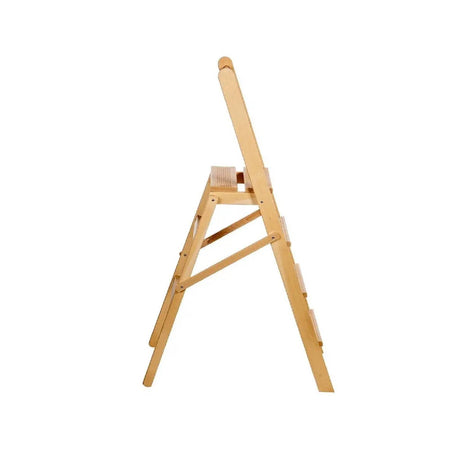 Sgabello "Scaletta" con barra di appoggio realizzato in legno grezzo resistente e pieghevole