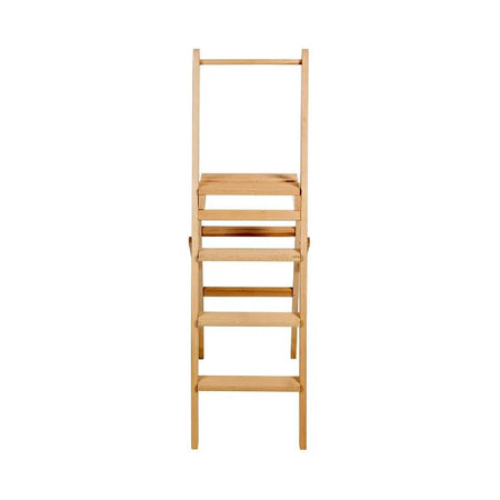Sgabello "Scaletta" con barra di appoggio realizzato in legno grezzo resistente e pieghevole