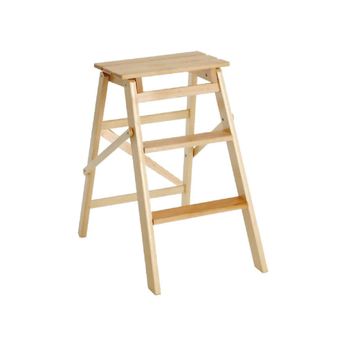 Sgabello Scaletta pieghevole realizzato in legno grezzo con tre gradini e barra di appoggio