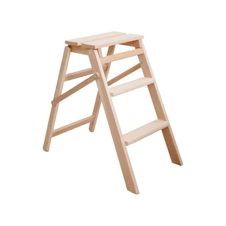 Sgabello "Scaletta" pieghevole realizzato in legno grezzo con tre gradini e barra di appoggio