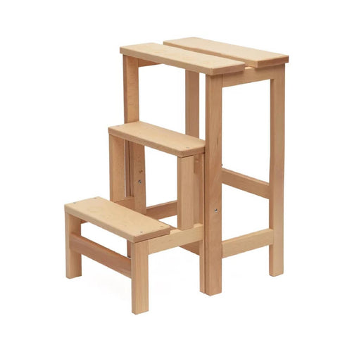 Sgabello Ribaltina realizzato in legno grezzo con sistema di ribalta a tre gradini