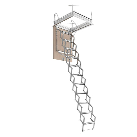Scala a pantografo per soffitto in lamiera stampata con corrimano telescopico 11 gradini