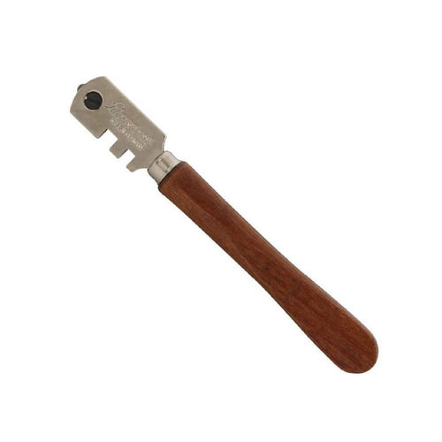 Tagliapiastrelle composto da una rotella e un manico realizzato in legno
